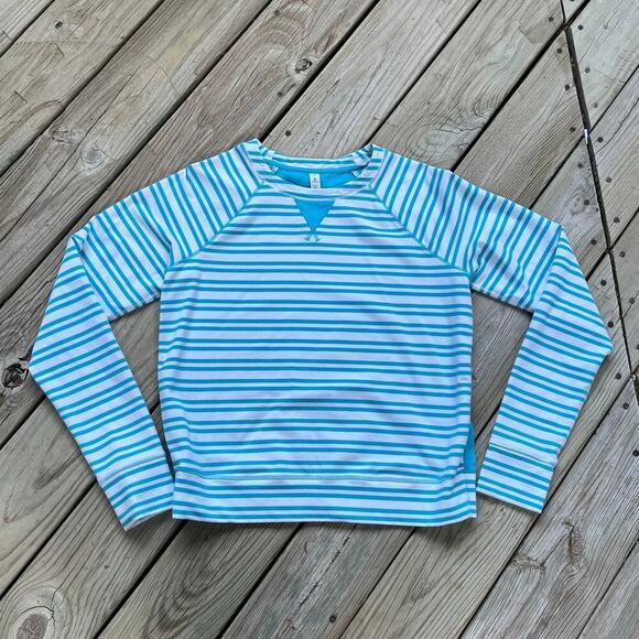Lululemon Women's Voyage Pullover Top 100% Tencel Silk Blue Stripe Size 10 - Picture 1 of 6